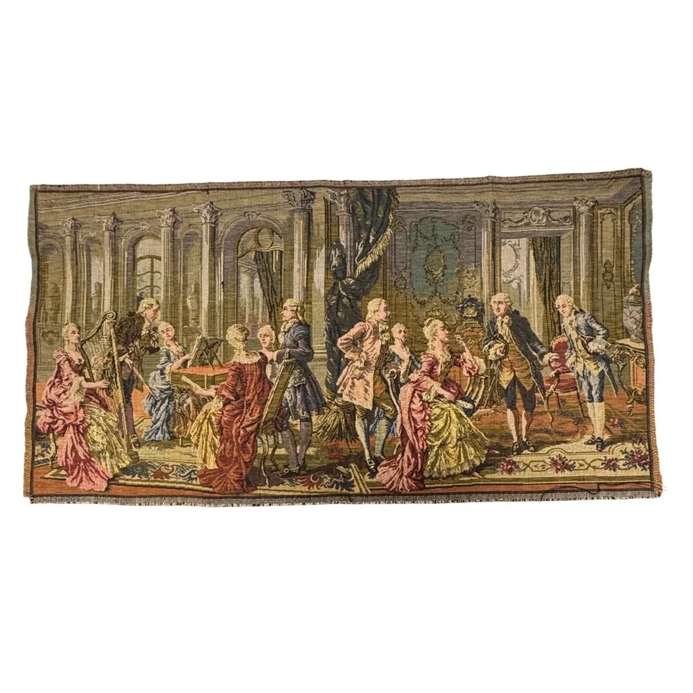 Vintage Belgian Woven Tapestry 18th Century Ballroom Scene‎ Wall Hanging 38x19